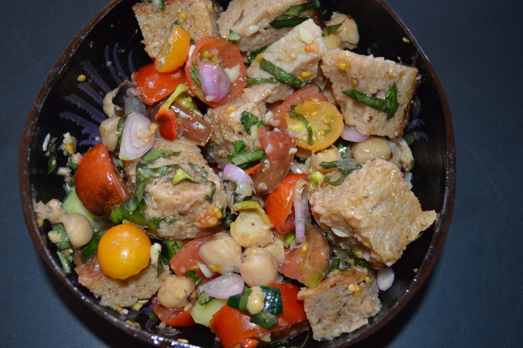 Panzanella with chickpeas adds protein, making it a more well rounded dish
